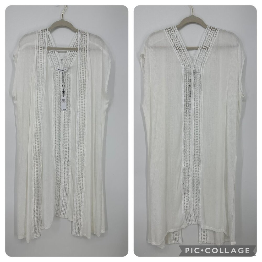BCBGeneration Boho Kimono Swim Beach Cover Up‎ Crochet Lace Crinkle Gauze White